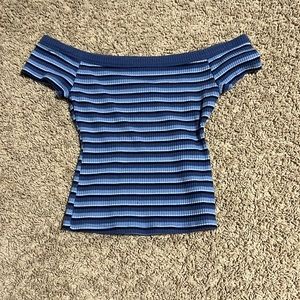 blue striped off the shoulder tee